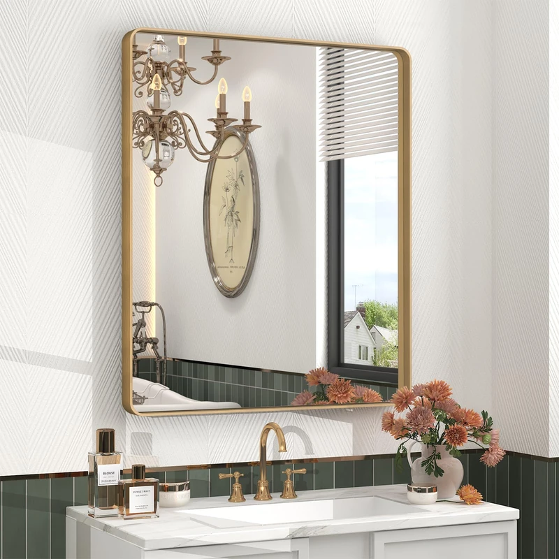 CHARMOR 28x32 Gold Bathroom Mirror, Rounded Rectangle Gold Frame Mirror, Brushed Gold Brass Bathroom Vanity Mirror Wall-Mounted, Anti-Rust, Hangs Horizontally or Vertically