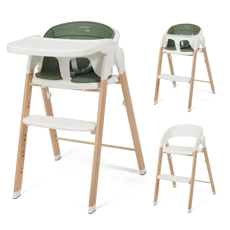 Babylo Sit & Grow Highchair and Child Seat with Secure Harness & footrest, Removable Padded seat Liner and Tray for Easy Cleaning, White & Green