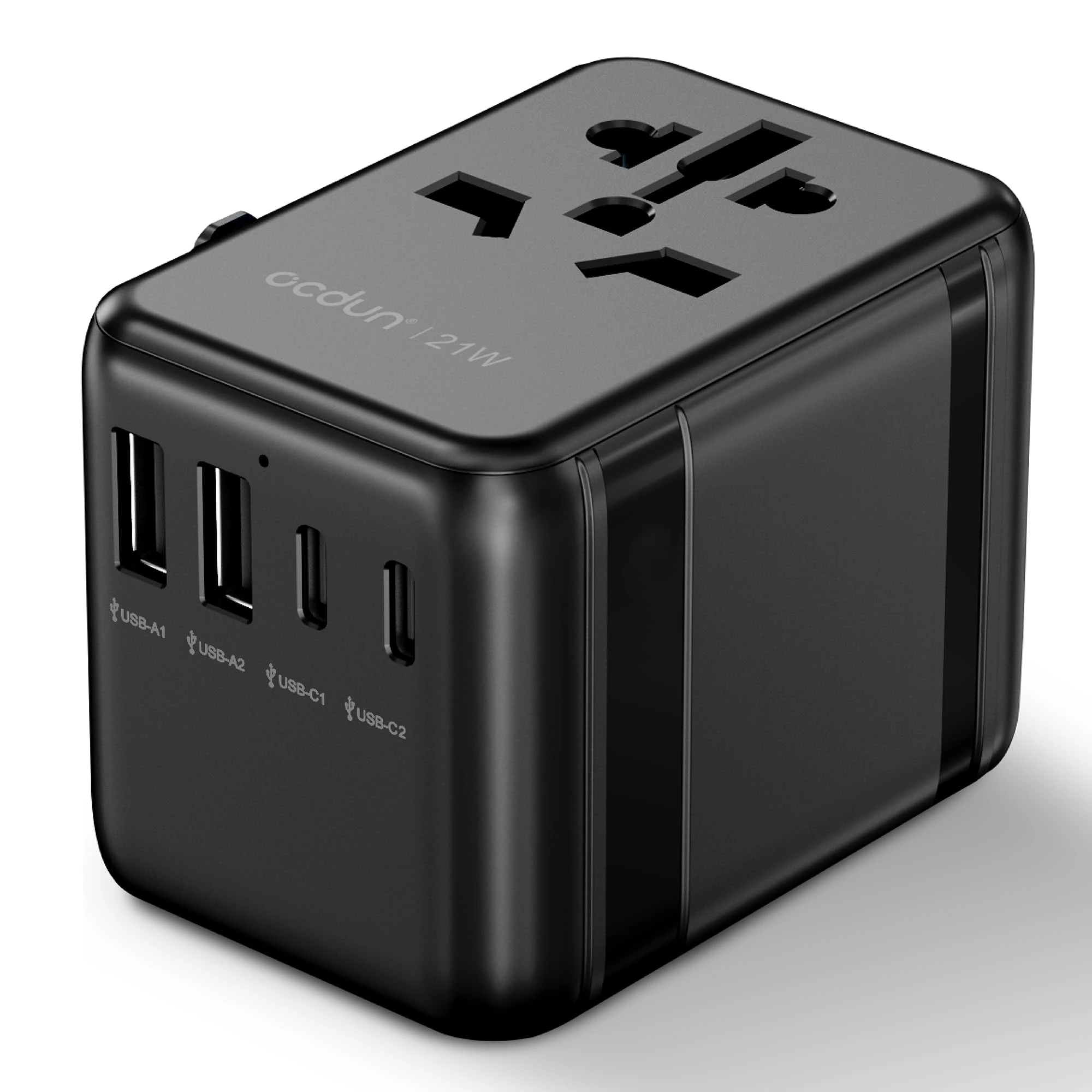 ocdun Universal Travel Adapter, International Plug Adapter with 2 USB-C and 2 USB Ports, Worldwide All-in-One Plug Adaptor for EU, UK, USA, Australia, and More (Black, 21W)