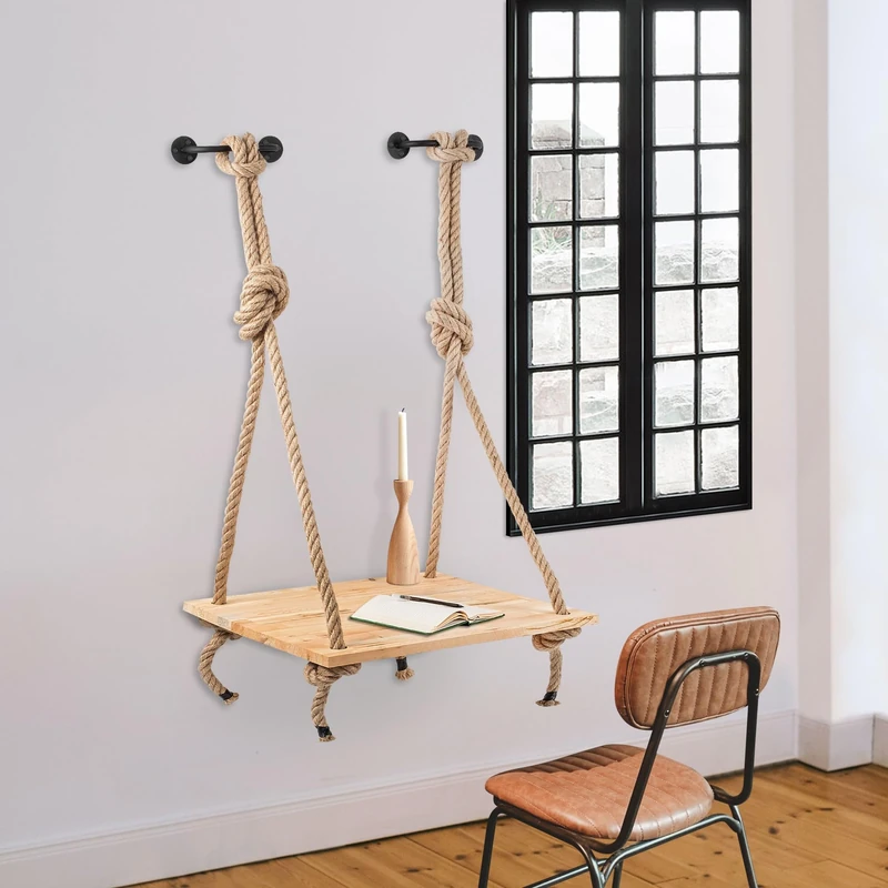 Modern Wall Shelf with Solid Wood & Metal, 60 x 90 x 55 cm, Adjustable Height, 10 kg Capacity, Rope Connection, Rustic & Novelty Design for Home Decor