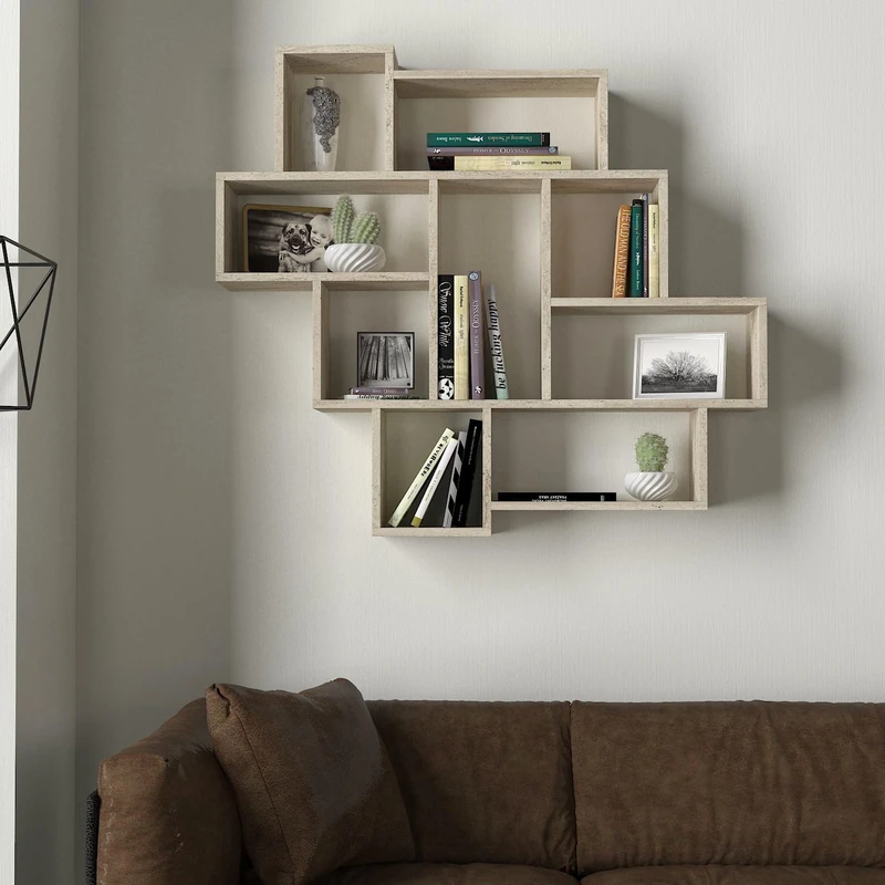 Elegant Wall Shelf, Travertine Colour, 115.5 x 103.5 x 15 cm, 100% Melamine Coated Particle Board, 18 mm Thick, Stylish Storage Solution for Modern Spaces - Image 1
