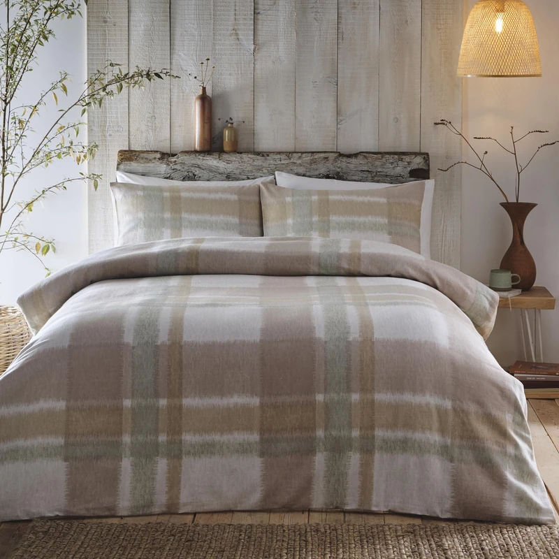 Appletree - Natural & Sage Green Flannelette Duvet Cover - Double Bedding Size (200 x 200cm) - Super Soft 100% Brushed Cotton - Light Brown & Green Tartan Bedding - Checkered Duvet Set - Plaid Bed Set