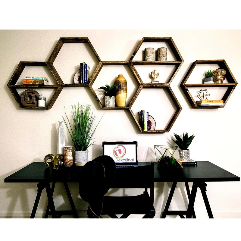 Rustic Modern Wall Shelf (6 Pieces), Walnut Colour, 40 x 37 x 10 cm, 100% Solid Wood, Wall-Mountable, Stylish Storage for Home and Office