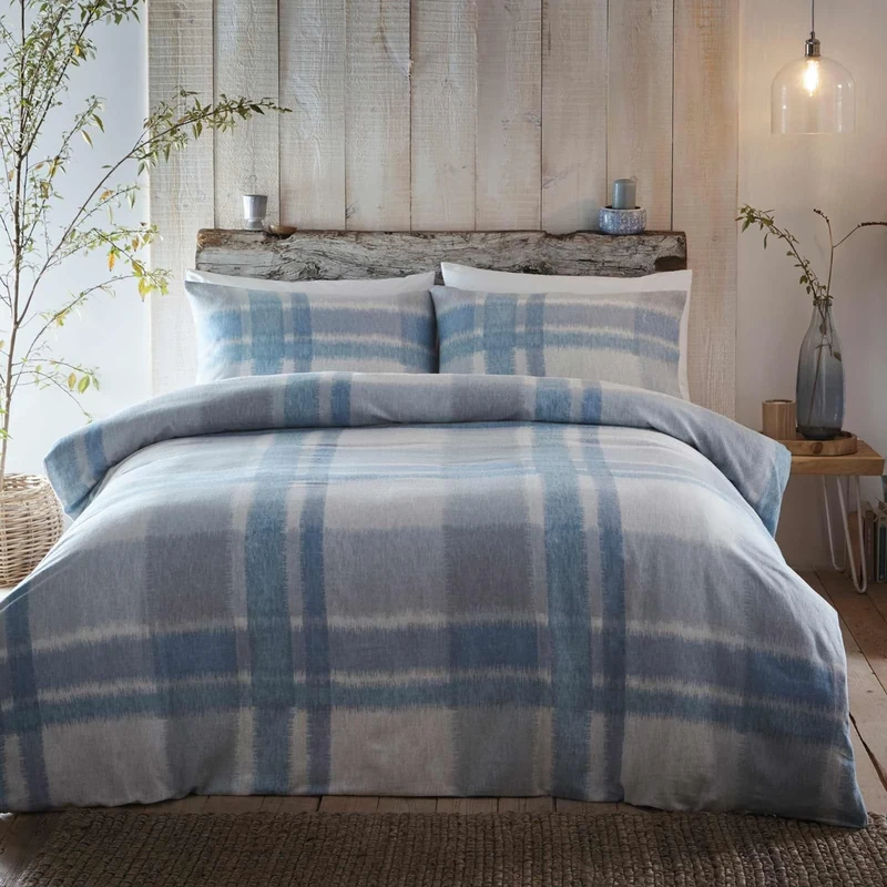 Appletree - Blue Flannelette Duvet Cover - King Bedding Size (230 x 220cm) - Super Soft 100% Brushed Cotton - White & Blue Tartan Bedding - Light Blue Checkered Duvet Set - Sky Blue Plaid Bed Set