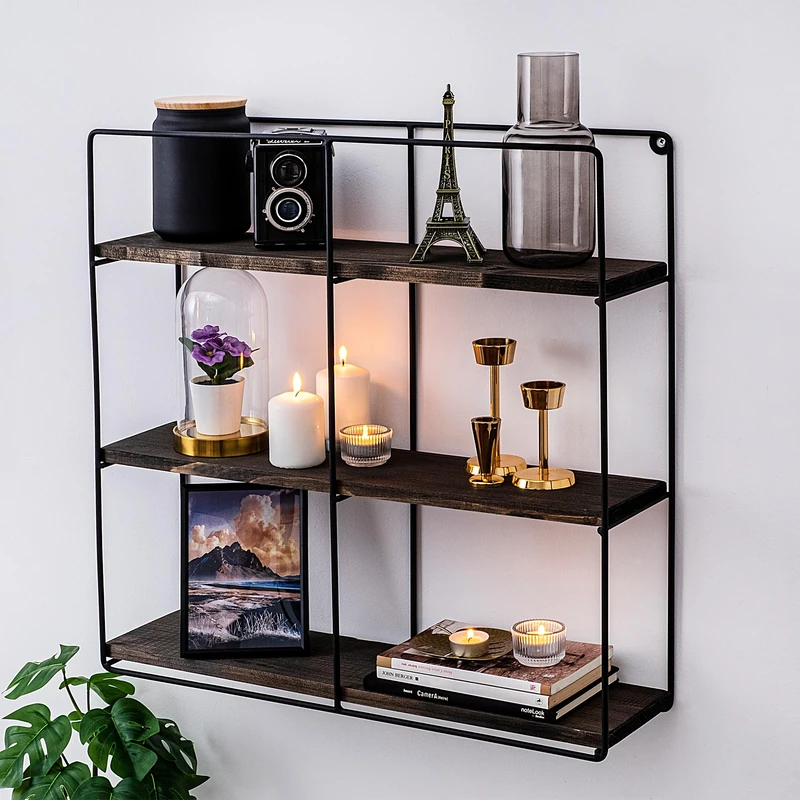 Modern Wall Shelf Set (3 Pieces), Black & Walnut, 60 x 14 cm, 100% Spruce Wood & Metal Frame, Stylish & Functional for Home & Office Decor - Image 1