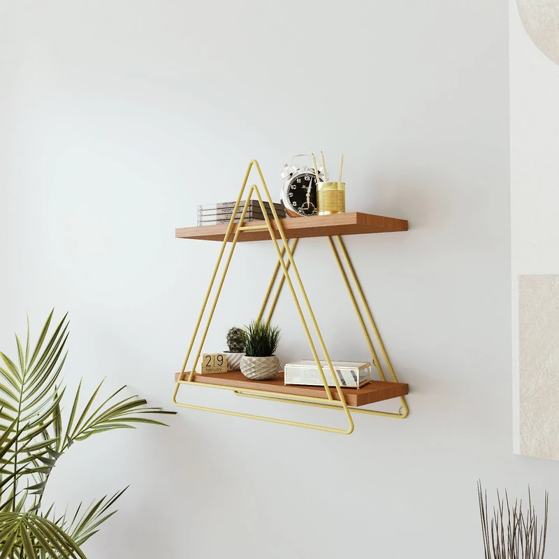 Elegant Wall Shelf with Gold & Walnut Finish, 42 x 38 x 16 cm, 100% Melamine Coated Particle Board, 18 mm Thick, Sturdy Electrostatic Powder Coated Metal Legs - Image 1