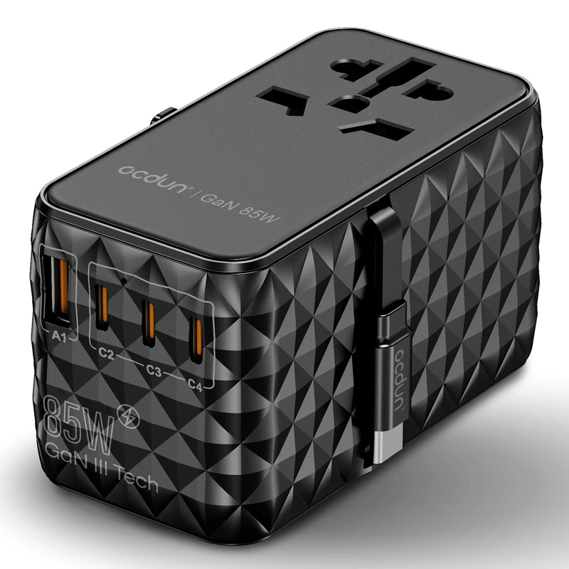 ocdun 85W GaN III Universal Travel Adapter, 5-Port Charger (3 USB-C PD 70W, 1 USB-A 60W, Retractable 80cm Cable), Worldwide Power Adapter for US, EU, UK, Ireland, AUS (Black, 85W)