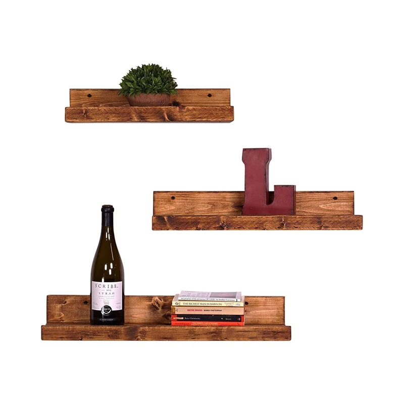 Handmade Rustic Wall Shelf Set (3 Pieces) - 100% Spruce Wood, Walnut Colour, 60 x 8 x 15 cm, 50 x 8 x 15 cm, 40 x 8 x 15 cm, Modern Design for Home Decor - Image 1