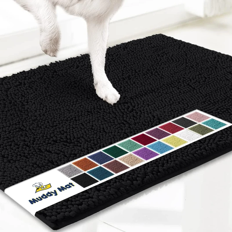 Muddy Mat® Original Dog Door Mat for Muddy Paws, Super Absorbent Microfiber, Non-Slip Washable Pet Rug, Quick Dry Chenille Entryway Carpet, Machine Washable Indoor Outdoor mat, Black 24"x72"