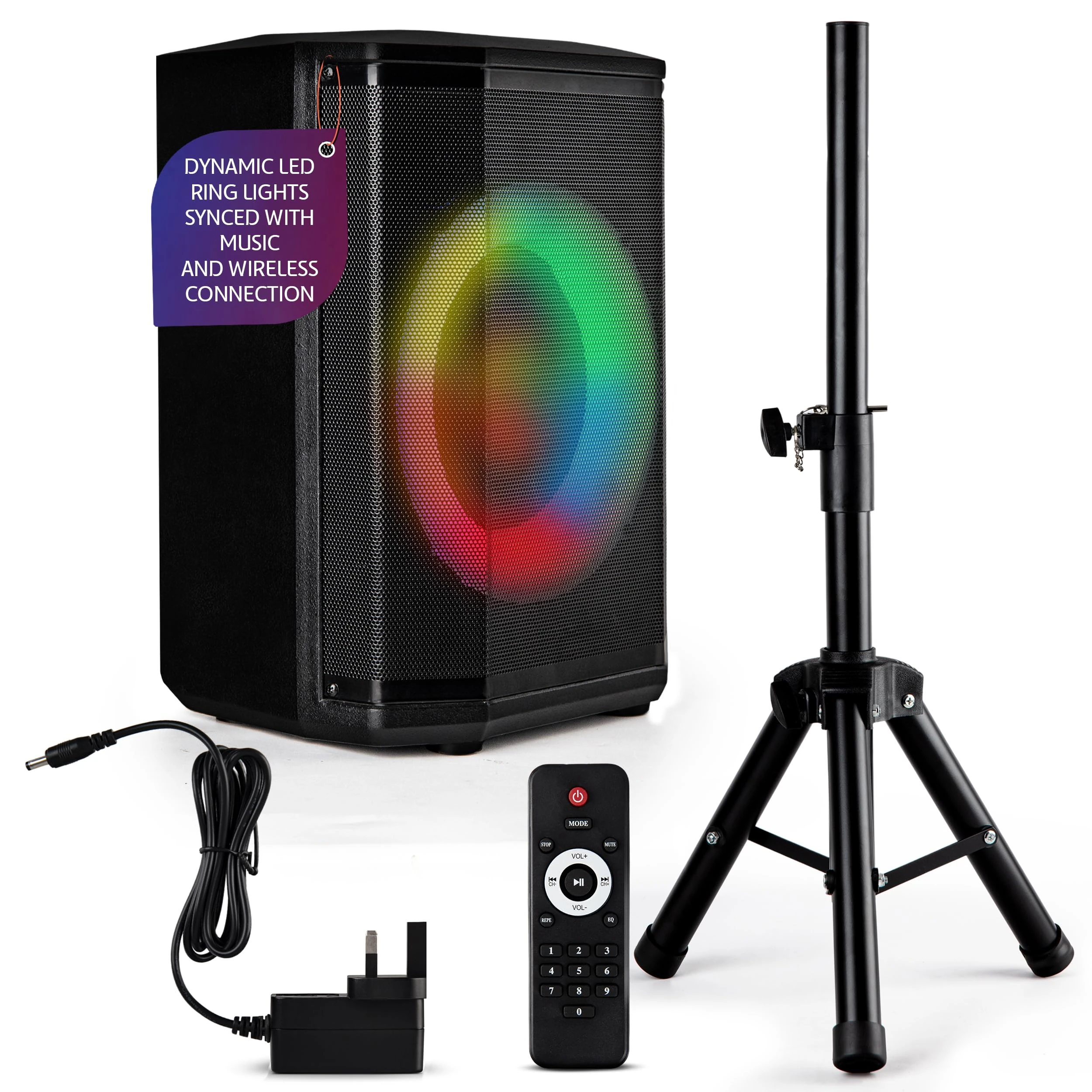 Pyle Portable Bluetooth Speaker with 20cm Woofer, 120W Rechargeable PA System, TWS Pairing, Mic Input, USB/SD/FM Radio, LED Ring Lights, Tripod Stand, Wireless Hi-Fi Sound for Indoor & Outdoor Use