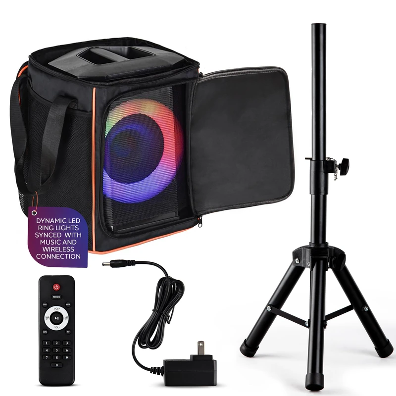 Pyle Portable Bluetooth Speaker with 8" Inch Woofer, TWS, Mic Input, USB/SD/FM Radio, Colorful Ring Lights, 120 W Rechargeable Battery, Tripod Stand & Speaker Bag, Hi-Fi Sound, Outdoor/Indoor Use