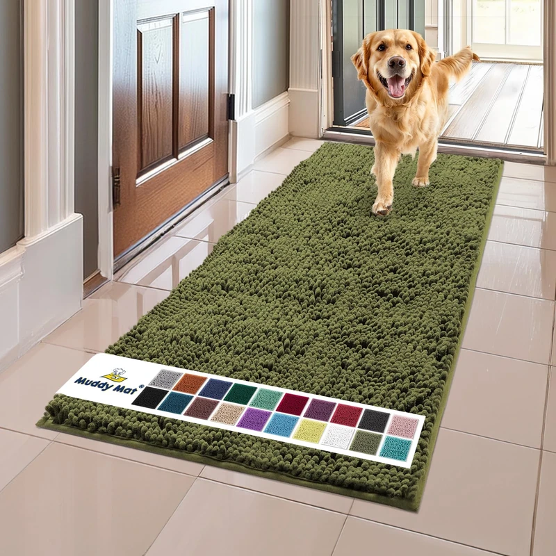Muddy Mat® Original Dog Door Mat for Muddy Paws, Super Absorbent Microfiber, Non-Slip Washable Pet Rug, Quick Dry Chenille Entryway Carpet, Machine Washable Indoor Outdoor mat, Army Green 24"x60"