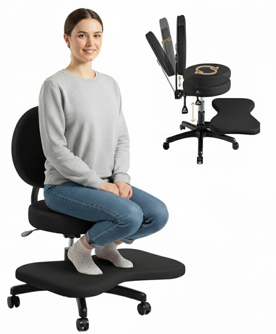 BUBHA Ergonomic Criss Cross Chair, Meditation Chair with Reclining Backrest & Adjustable Height, Cross Legged Office Chair with Wheels, Wide Kneeling Chair Leg Rest,ADHD Desk & Yoga Seat (Black)
