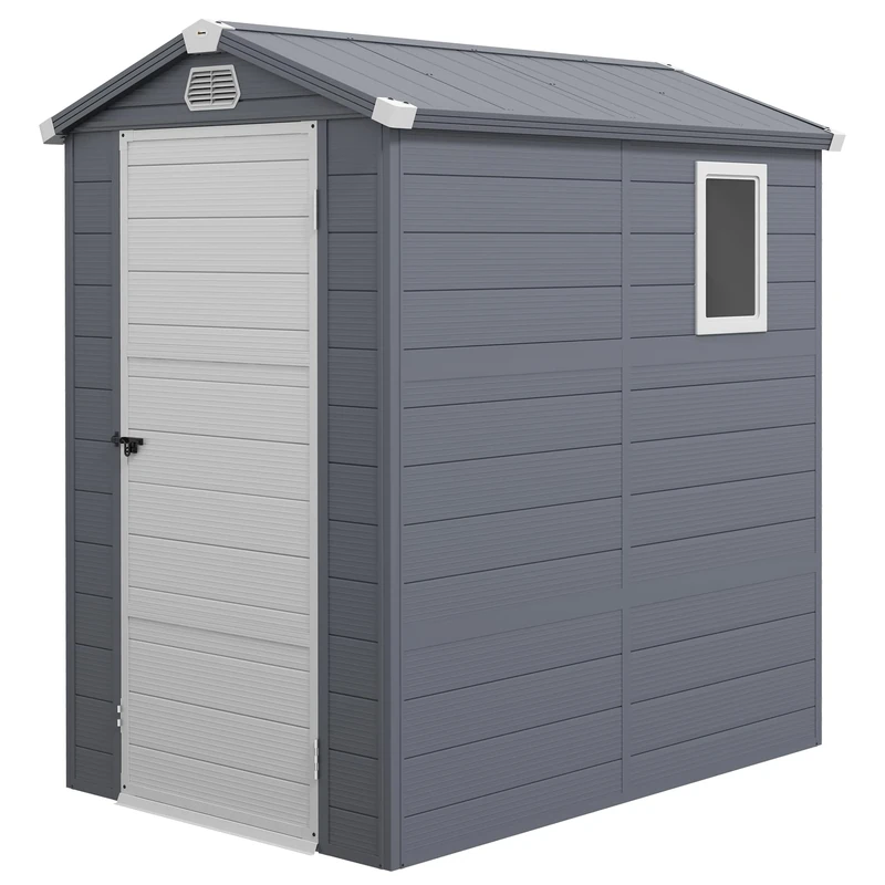 Outsunny 4 x 6ft Plastic Garden Storage Shed with Foundation Kit, Polypropylene Outdoor Storage Tool House with Ventilation Slots and Lockable Door, Grey