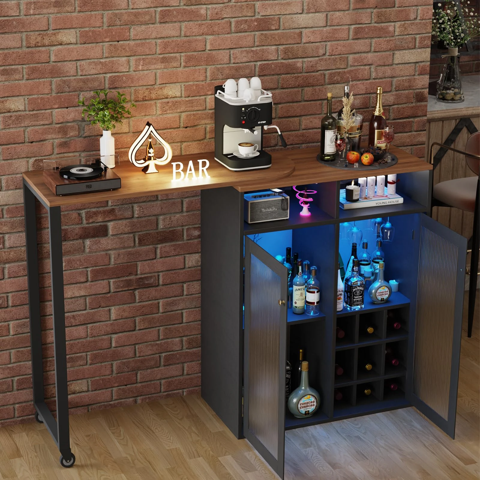 amzzar Wine Bar Cabinet with LED Lights, Small Liquor Cabinet for Home with Glass Holders and Wine Racks, Mini Home Bar with Power Outlet, Modern Rotating Coffee Bar Table for Office (Black)