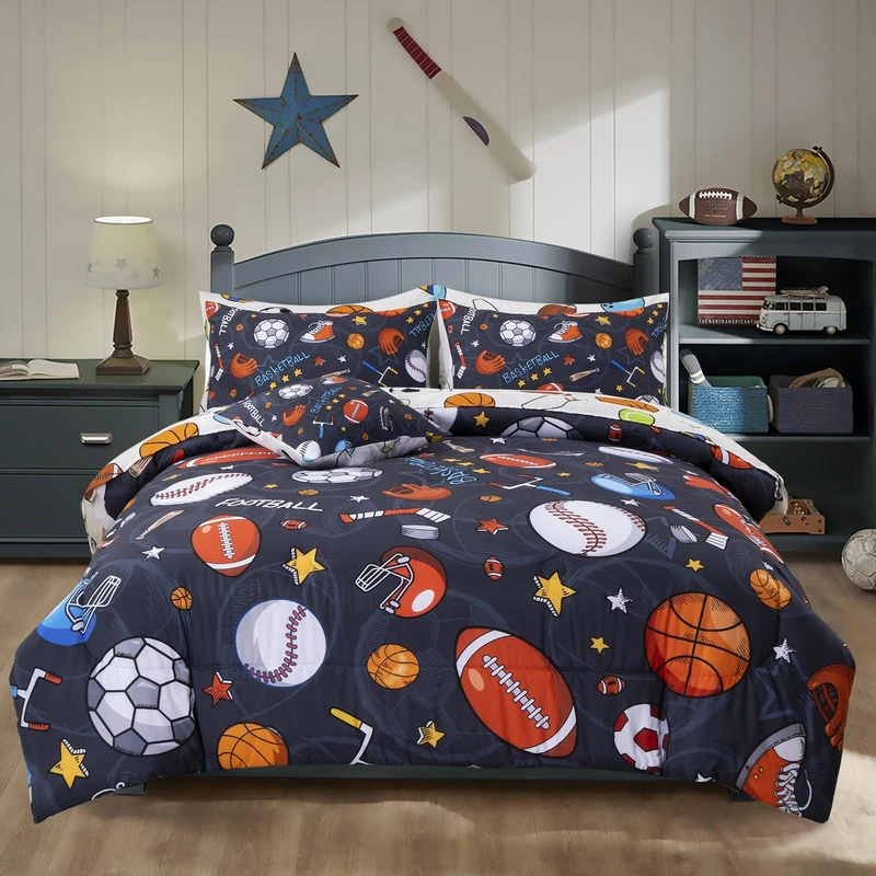 A Nice Night 6Pcs Bed in A Bag Full Sports Microfiber Modern Comforter Set,Gray Rugby Ball Printed Bedding Collections,for Boys Kids Teen