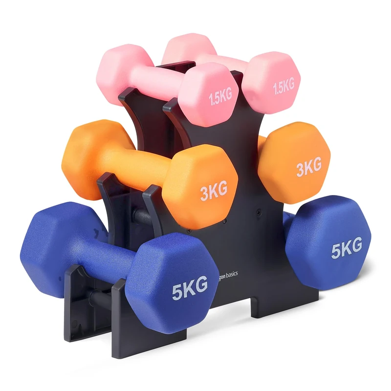 Amazon Basics Neoprene Dumbbell Weights with Stand, Set of 3 Pairs (1.5 kg, 3 kg, 5 kg), Multicolor