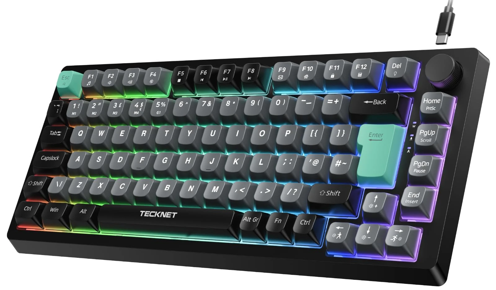 TECKNET RGB Gaming Keyboard, 83 Keys Wired Keyboard with Volumn Knob, 75% Pecent USB Keyboards with 26 Keys Anti-Ghosting, Compact Silent Keyboard,Computer Keyboard IP32 Water&Dust Resistant for Gamer