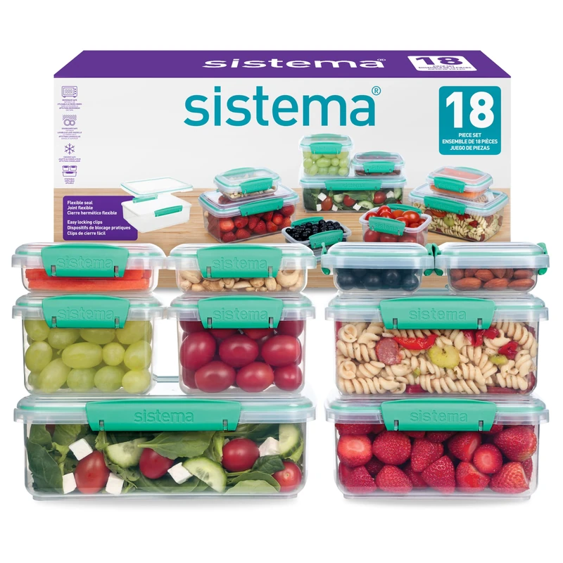 Sistema KLIP IT Food Storage Containers | Airtight & Stackable Meal Prep Containers with Lids | School Lunch Boxes & Snack Boxes | 18 Count (9 Containers & Lids)