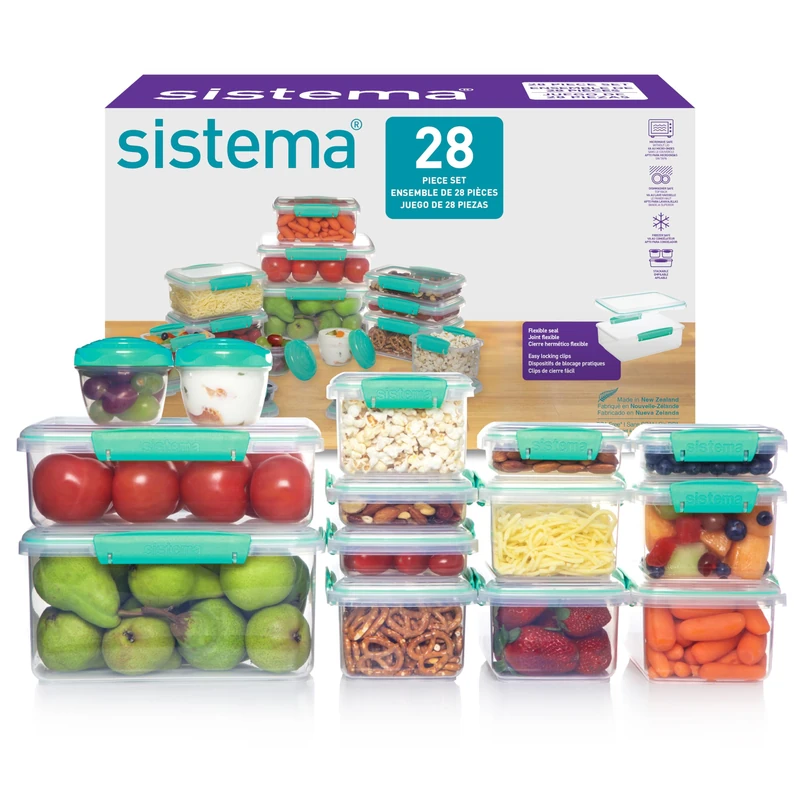 Sistema KLIP IT Food Storage Containers | Airtight & Stackable Meal Prep Containers with Lids | School Lunch Boxes & Snack Boxes | 28 Count (14 Containers & Lids)