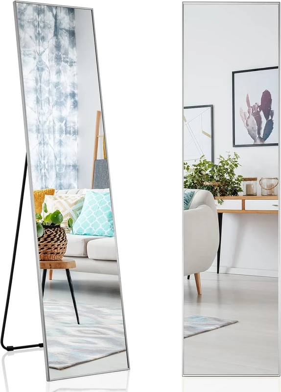 FANTASK 160 x 40 cm 2-in-1 Full Length Mirror, Standing and Wall Mirror in Silver, Wardrobe Mirror for Bedroom and Entrance