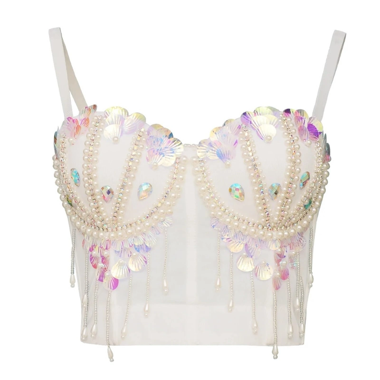 Sequin Corset Women's Sequin Corset Bustier Top Rhinestone Bustier Bra Top Corset Diamond Corset Top Glitter Sequined Bustier Club Party wear(White-fringe,S)