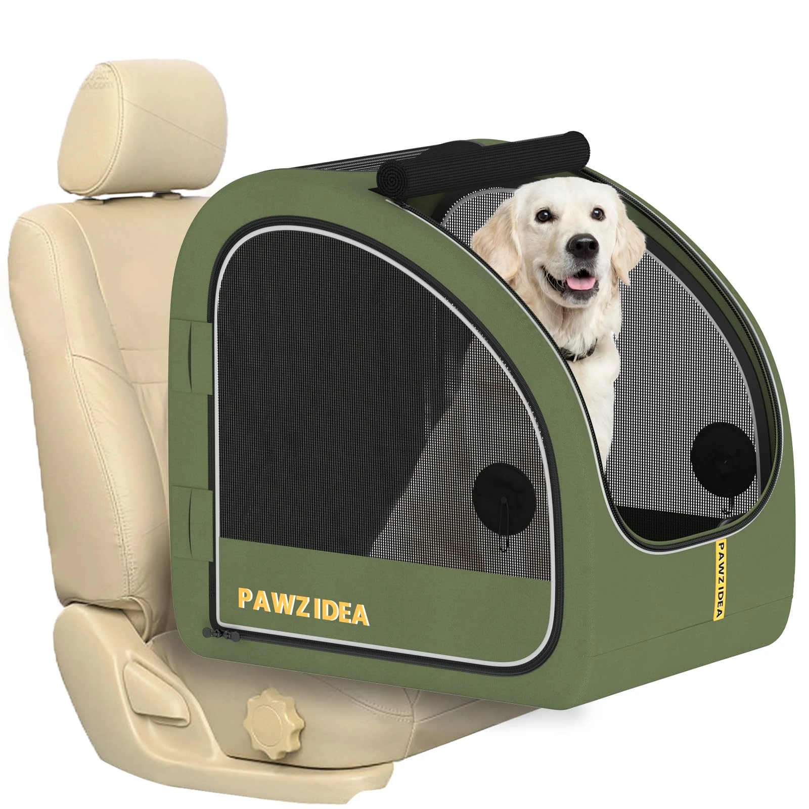 PAWZIDEA Portable Dog Crate for Car Travel, Collapsible Pet Travel Crates for Medium & Large Dogs Up to 80lbs, Enclosed Soft-Sided Car Kennel Carrier for Backseat, Secures w/Seatbelt & Headrest Strap