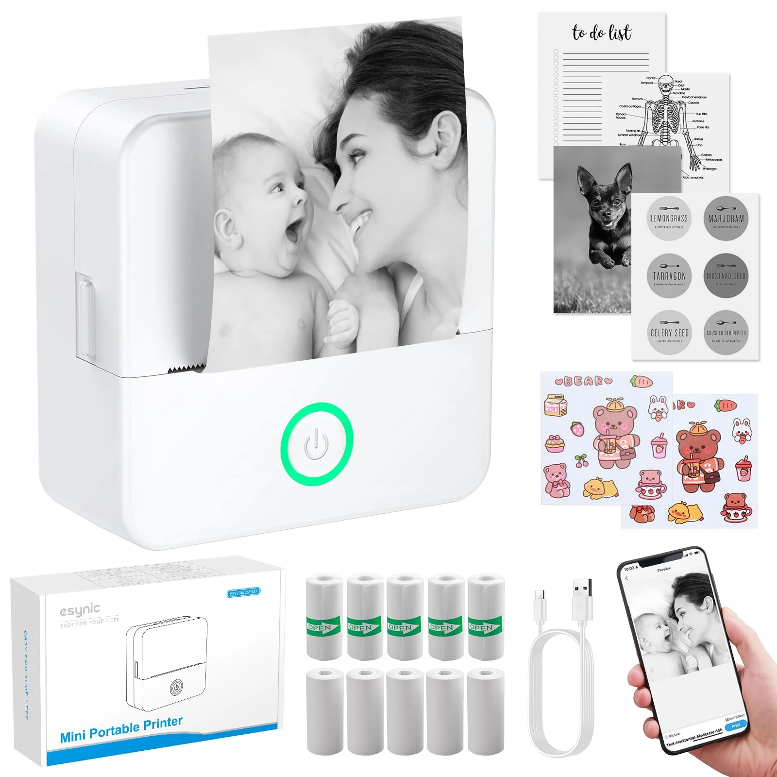 eSynic Mini Thermal Printer for Phone Portable Photo Printer with 10 Rolls Of Thermal Paper Inkless Bluetooth Sticker Printer for Android IOS Kid Sticker Machine for Photos, Journals, Study Notes