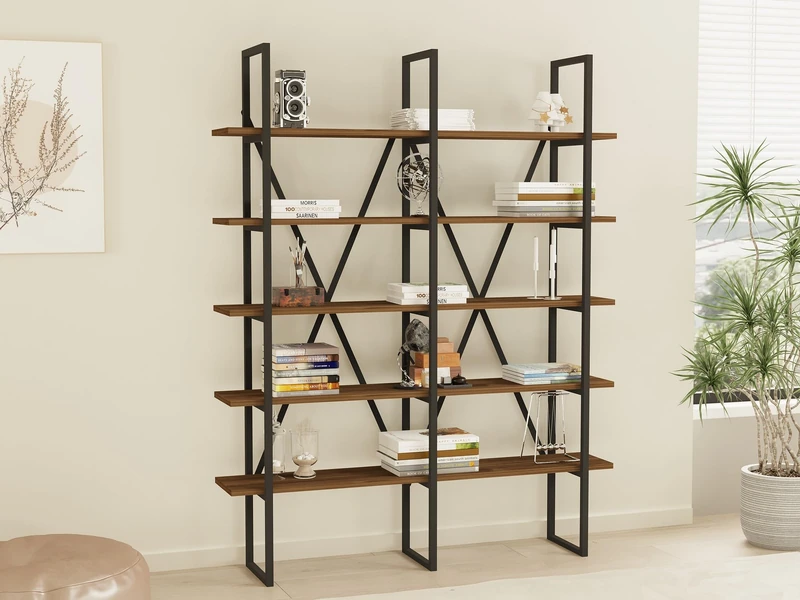 Hanah Home Modern Industrial Bookshelf, Walnut & Black, 126 x 160 x 26 cm, 100% Melamine Coated Particle Board, 18 mm Thick, Metal Frame, Wall Mountable, Stylish Storage Solution