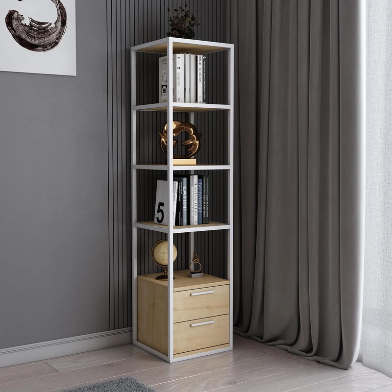 Modern Bookshelf, White & Oak, 39 x 39 x 160 cm, 100% Melamine Coated Particle Board, 18 mm Thick, Sturdy Metal Frame, Stylish Storage for Home and Office