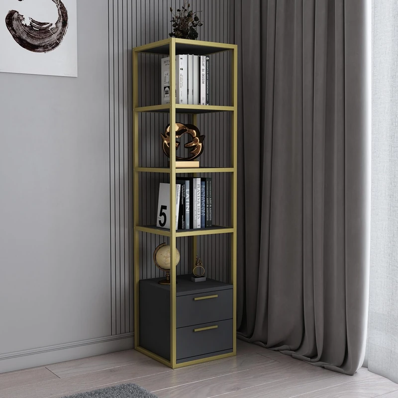 Hanah Home Modern Glam Bookshelf, Gold & Anthracite, 39 x 39 x 160 cm, 100% Melamine Coated Particle Board, 18 mm Thick, Sturdy Metal Frame, Stylish Storage Solution