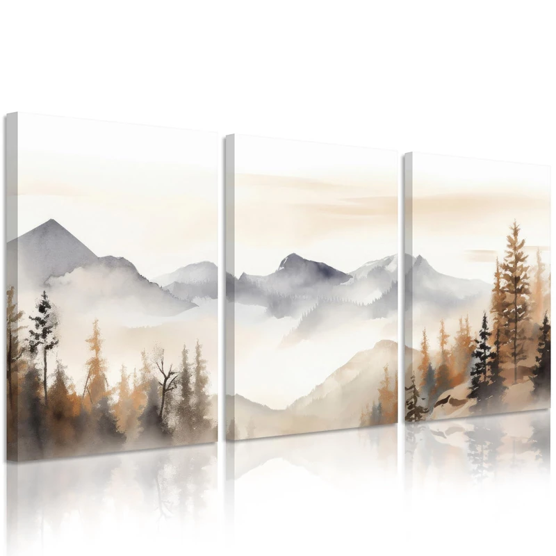 Neutral Mountain Wall Art Decor Set of 3 Forest Canvas Wall Art Poster Landscape Wall Art Artwork Modern Pictures Abstract Painting Watercolor Prints for Living Room Bedroom 16x24 Inch Wrapped Canvas