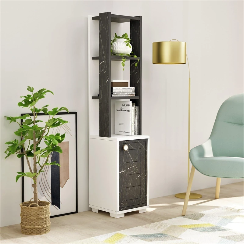 Hanah Home Elegant Bookshelf, White & Black Marble, 29.6 x 134.6 x 21.6 cm, 100% Melamine Coated Particle Board, 18 mm Thick, Stylish Storage for Modern Spaces - Image 1