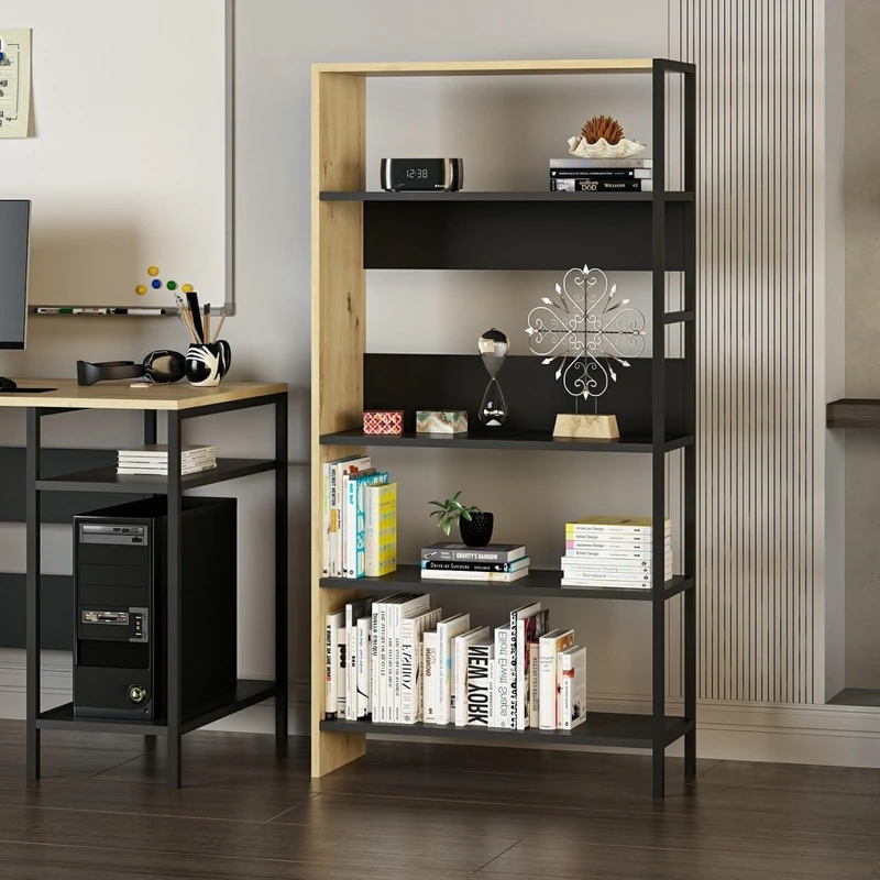 Stylish Bookshelf, Anthracite & Oak, 90 x 120 x 34 cm, 100% Melamine Coated Particle Board, 18 mm Thick, Modern Design for Home & Office Storage - Image 1