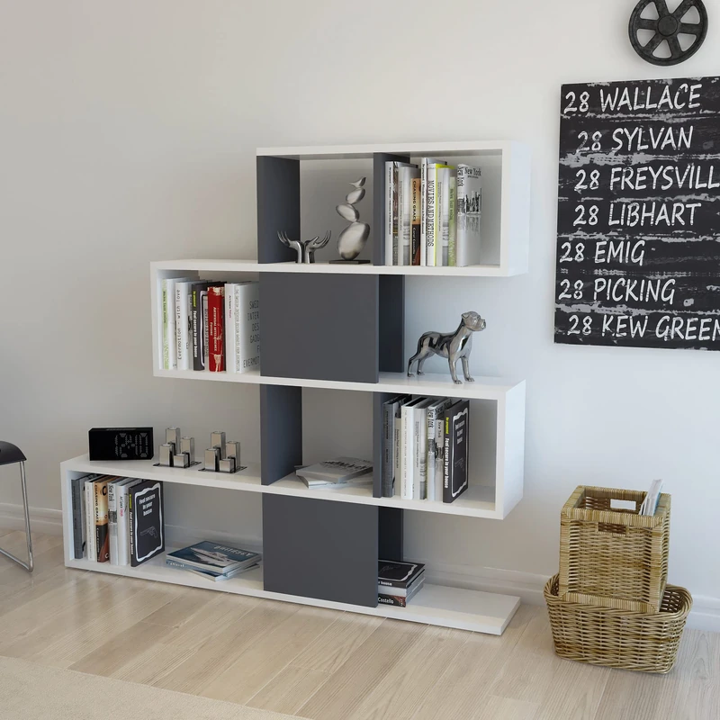 Modern Bookshelf, White & Anthracite, 120 x 19.5 x 109 cm, 100% Melamine Coated Particle Board, 18 mm Thick, Stylish Storage for Home and Office