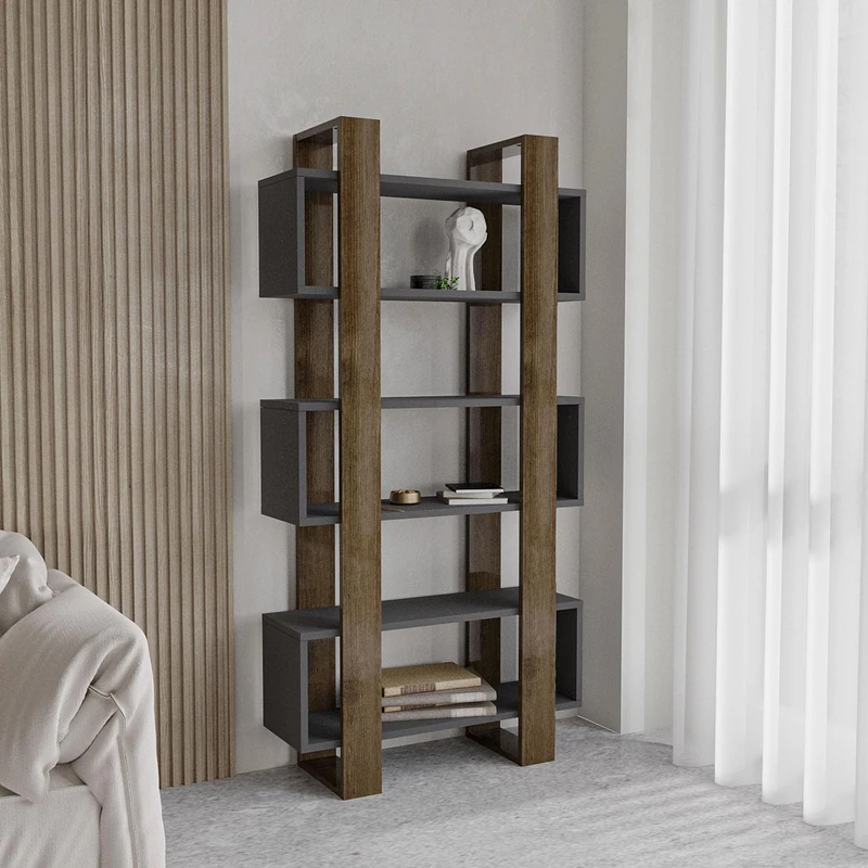 Hanah Home Stylish Wall-Mounted Bookshelf, Walnut & Anthracite, 80 x 160 x 28.6 cm, 100% Melamine Coated Particle Board, 18 mm Thick, Space-Saving Design with Numerous Shelves - Image 1