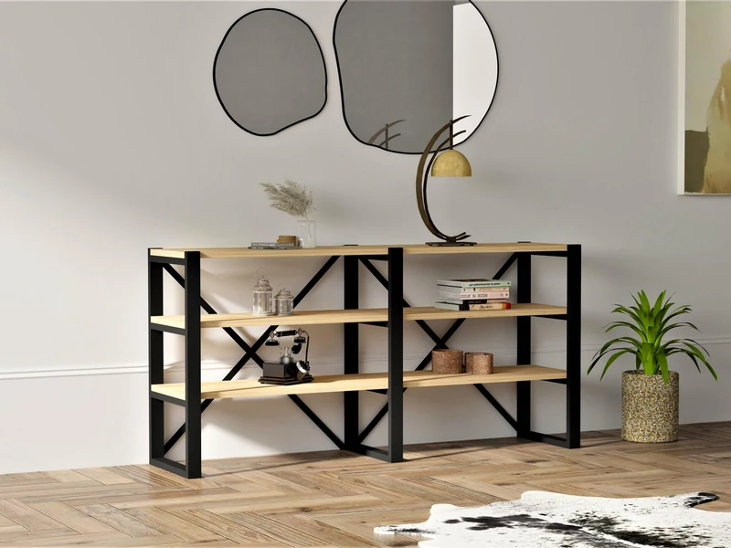 Hanah Home Industrial Bookshelf, Sapphire & Black, 133.2 cm, 100% Melamine Coated Particle Board, 18 mm Thick, Wall Mountable, Multiple Shelves, Stylish Storage Solution