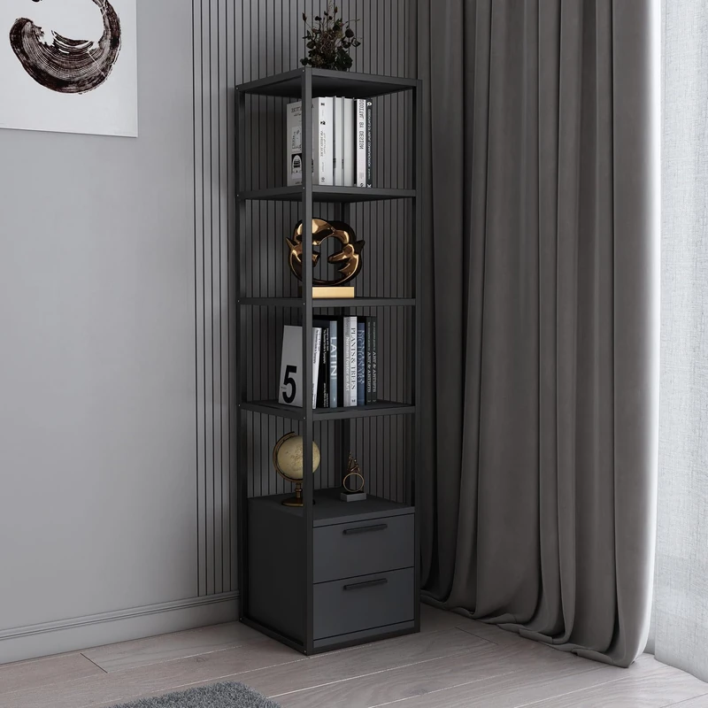 Hanah Home Modern Industrial Bookshelf, 160 cm Height, Black & Anthracite, 100% Melamine Coated Particle Board, 18 mm Thick, Sturdy Metal Frame, Stylish Storage Solution