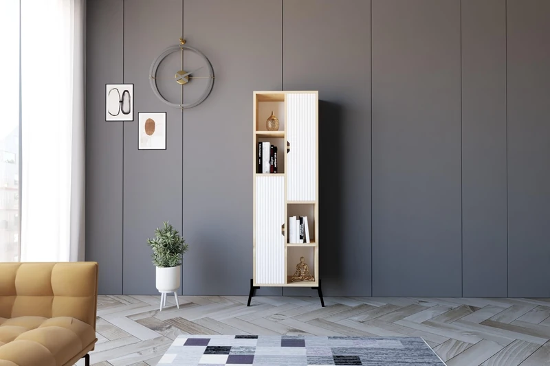 Hanah Home Scandinavian Bookshelf, Sapphire Oak & White, 48.2 x 160 x 30 cm, 100% Melamine Coated, MDF Membrane Door, Iron Legs, Stylish Storage Solution