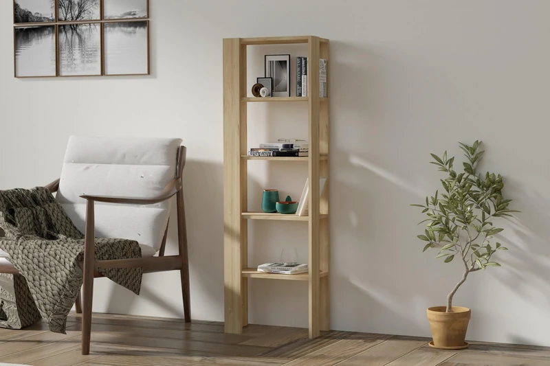 Hanah Home Modern Oak Bookshelf, 53 cm W x 160 cm H x 23 cm D, 100% Melamine Coated Particle Board, 18 mm Thick, Wall-Mountable, Stylish Scandinavian Design - Image 1