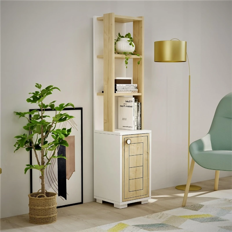 Elegant Bookshelf, White & Sapphire Oak, 29.6 x 134.6 x 21.6 cm, 100% Melamine Coated Particle Board, 18 mm Thick, Ideal for Modern Home and Office
