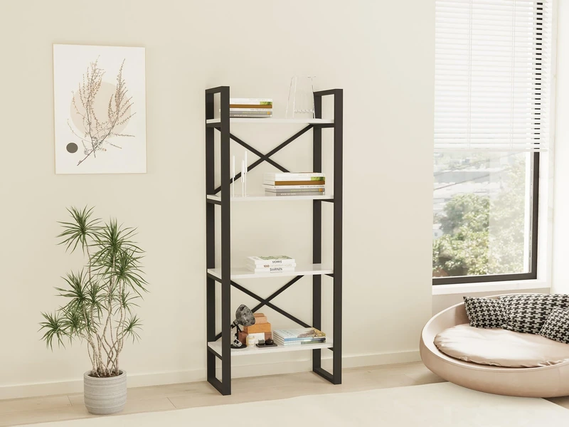 Hanah Home Stylish Wall-Mounted Bookshelf, 66 cm x 150 cm x 32 cm, 100% Melamine Coated Particle Board & Metal Frame, Modern White & Black Design, Space-Saving Solution
