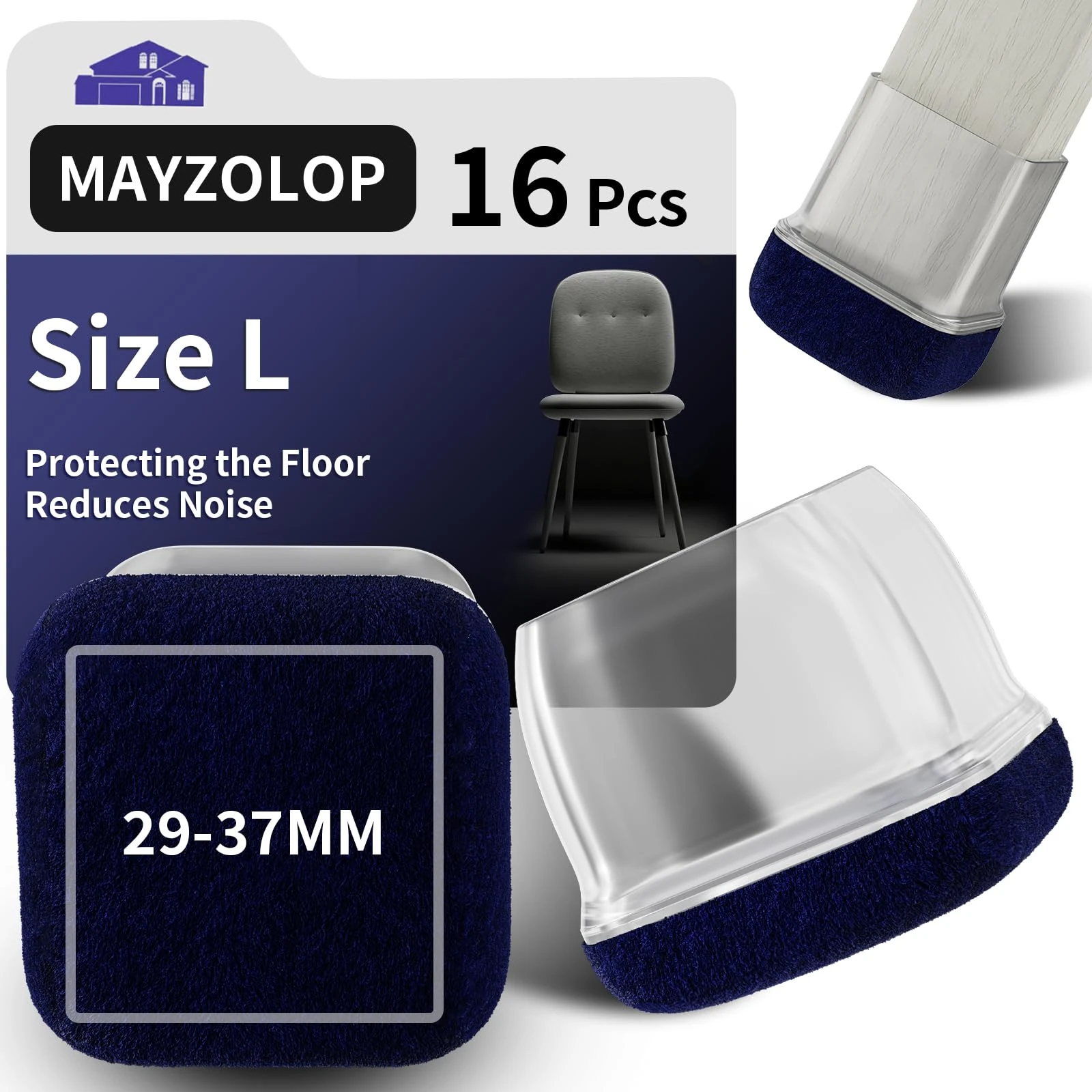MAYZOLOP 16PCS Chair Leg Floor Protectors, Ø29-37mm Square Transparent Silicone Chair Leg Caps with Navy Blue Felt Pads, Hardwood Floor Protectors for Furniture Legs,No Scratches No Noise