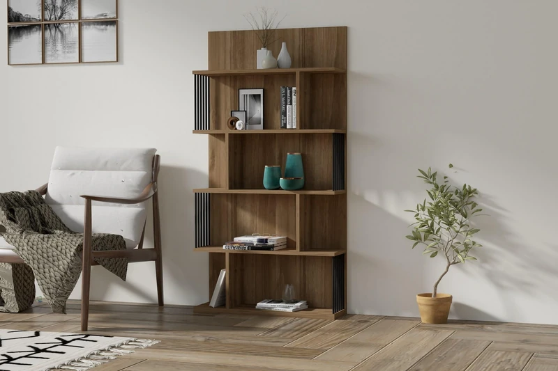 Hanah Home Stylish Walnut Bookshelf, 80 cm x 160 cm x 21.8 cm, 100% Melamine Coated Particle Board, 18 mm Thick, Wall Mountable, Multiple Shelves, Extra Storage - Image 1
