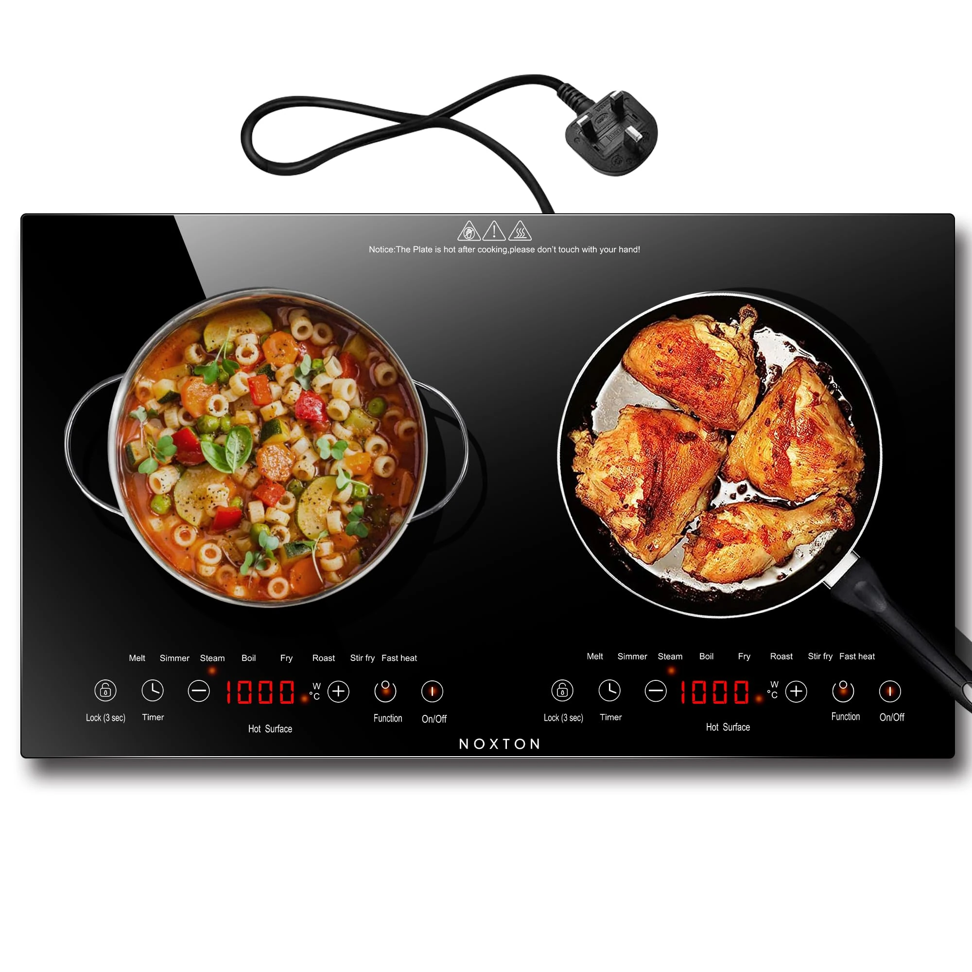 Noxton Double Ceramic Hob, Double Electric Hob Portable 30cm with 4-Hour Timer, 9 Power up to 2800W, Safety Lock, for All Type Pot