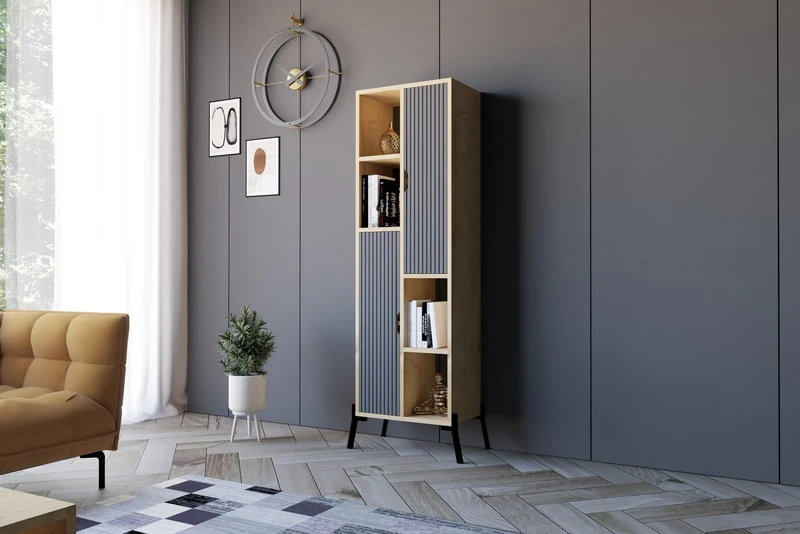 Hanah Home Industrial Bookshelf with Iron Legs, Sapphire Oak & Anthracite, 48.2 x 160 x 30 cm, 100% Melamine Coated, 18 mm Thick, Stylish Storage Solution for Modern Spaces