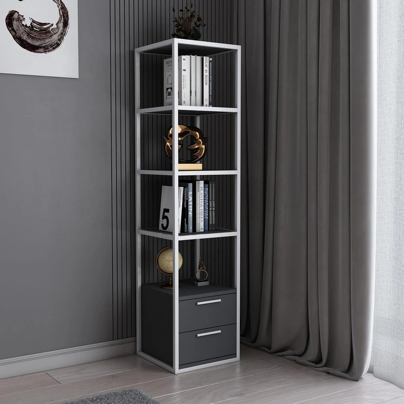 Modern Bookshelf, 160 cm Height, White & Anthracite, 100% Melamine Coated Particle Board, 18 mm Thick, Sturdy Metal Frame, Stylish Storage Solution for Home and Office