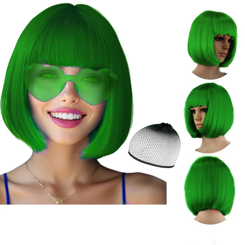 Party Wigs Wig Cap and Sunglass Set,Short Bob Hair Wigs Straight with Flat Bangs Synthetic Colorful Cosplay Daily Party Neon Wig for Women (Green)