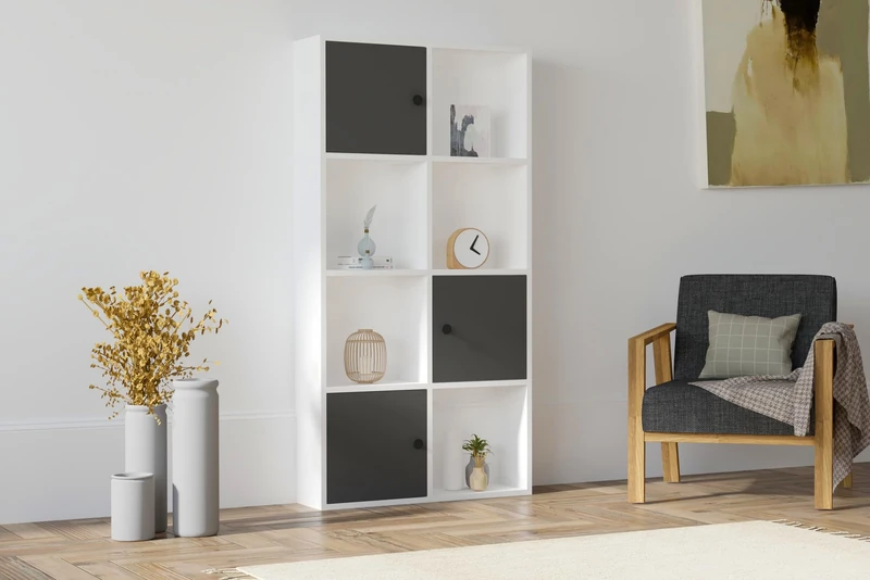 Hanah Home Stylish Wall-Mounted Bookshelf, White & Anthracite, 77.8 x 151.4 x 22 cm, 100% Melamine Coated Particle Board, 18 mm Thick, Modern Storage Solution