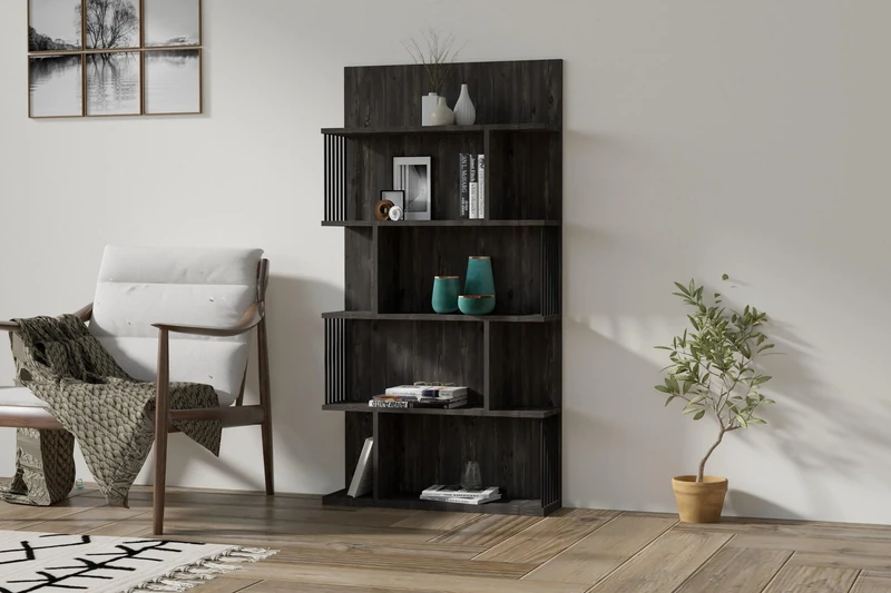 Hanah Home Stylish Anthracite Bookshelf, 80 x 160 x 21.8 cm, 100% Melamine Coated Particle Board, 18 mm Thick, Wall Mountable, Multiple Shelves, Extra Storage